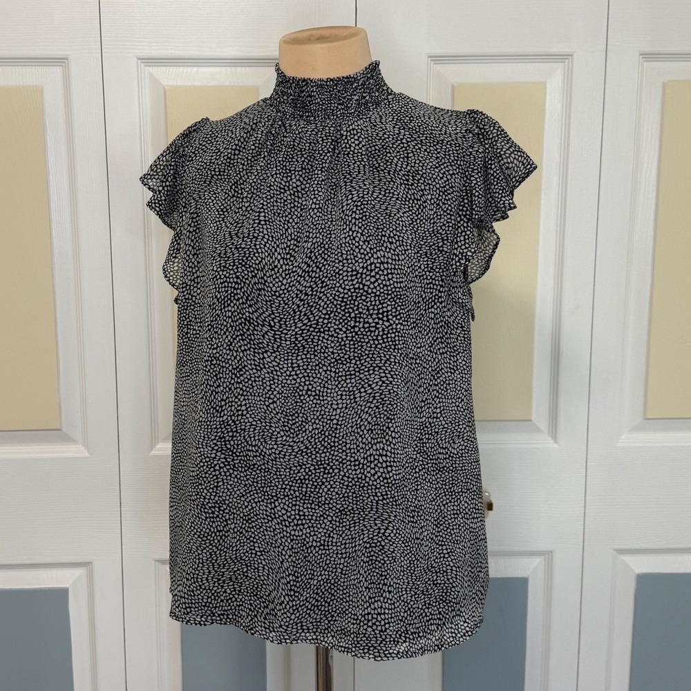 1.STATE Womens Black White Abstract Print Smocked High Neck Flutter Sleeve Top L